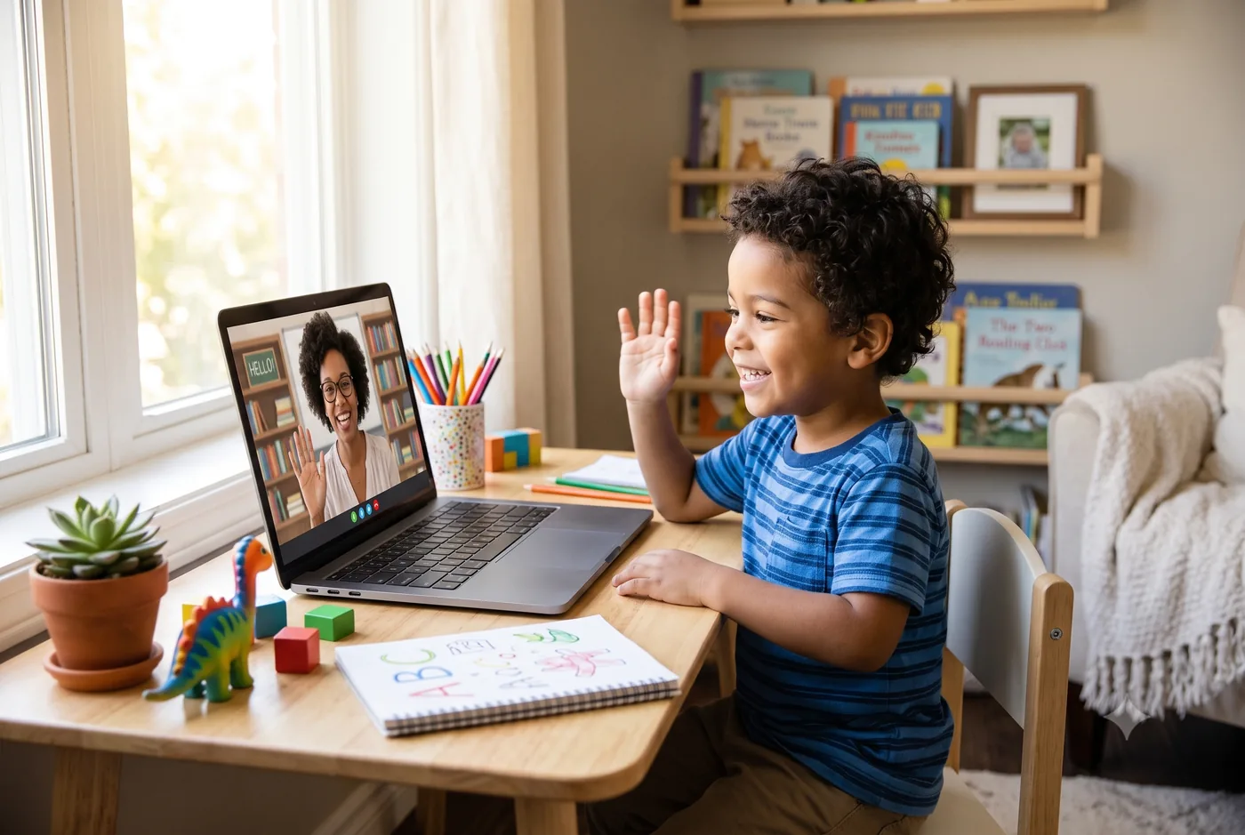 young child waving at a teacher during a live online phonics class at home