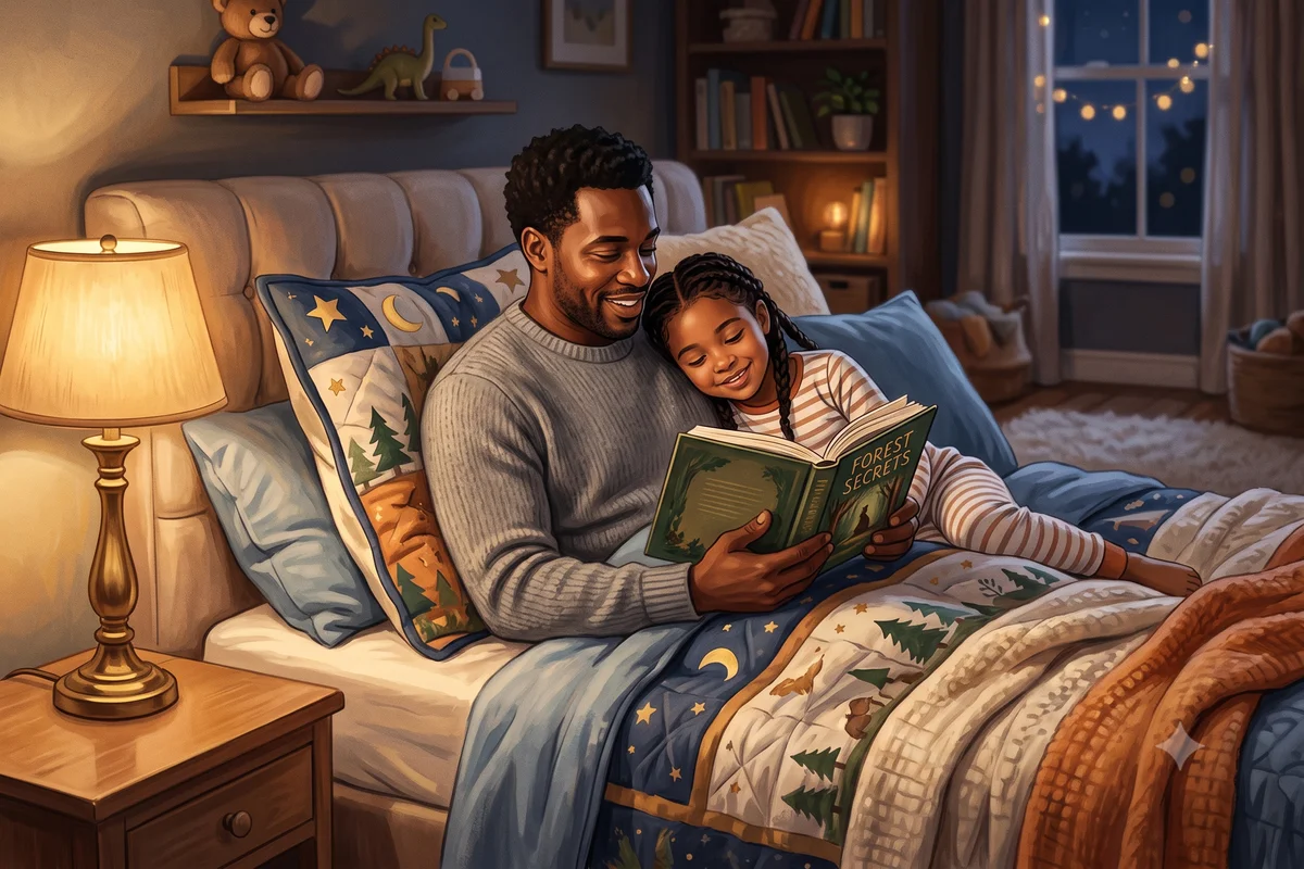 father reading a chapter book aloud to a seven year old at bedtime, reading aloud to children who can already read