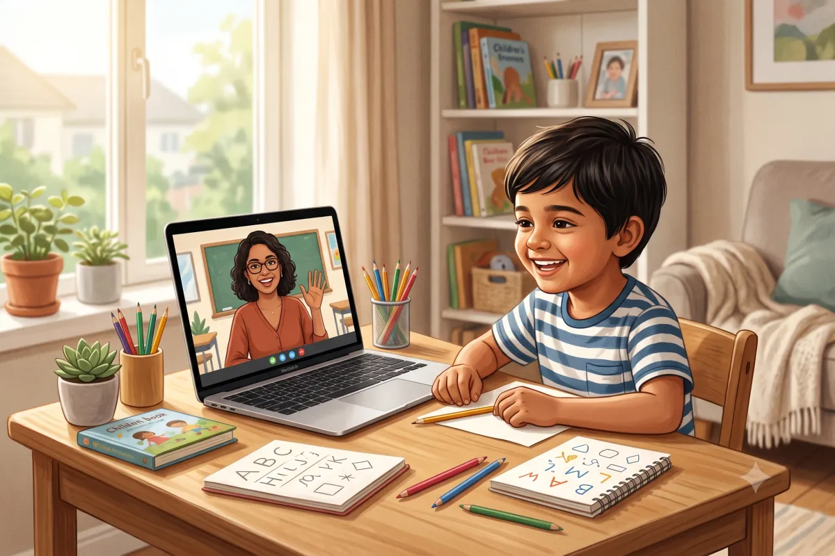 young indian child smiling at a teacher on a laptop during an online phonics class in india