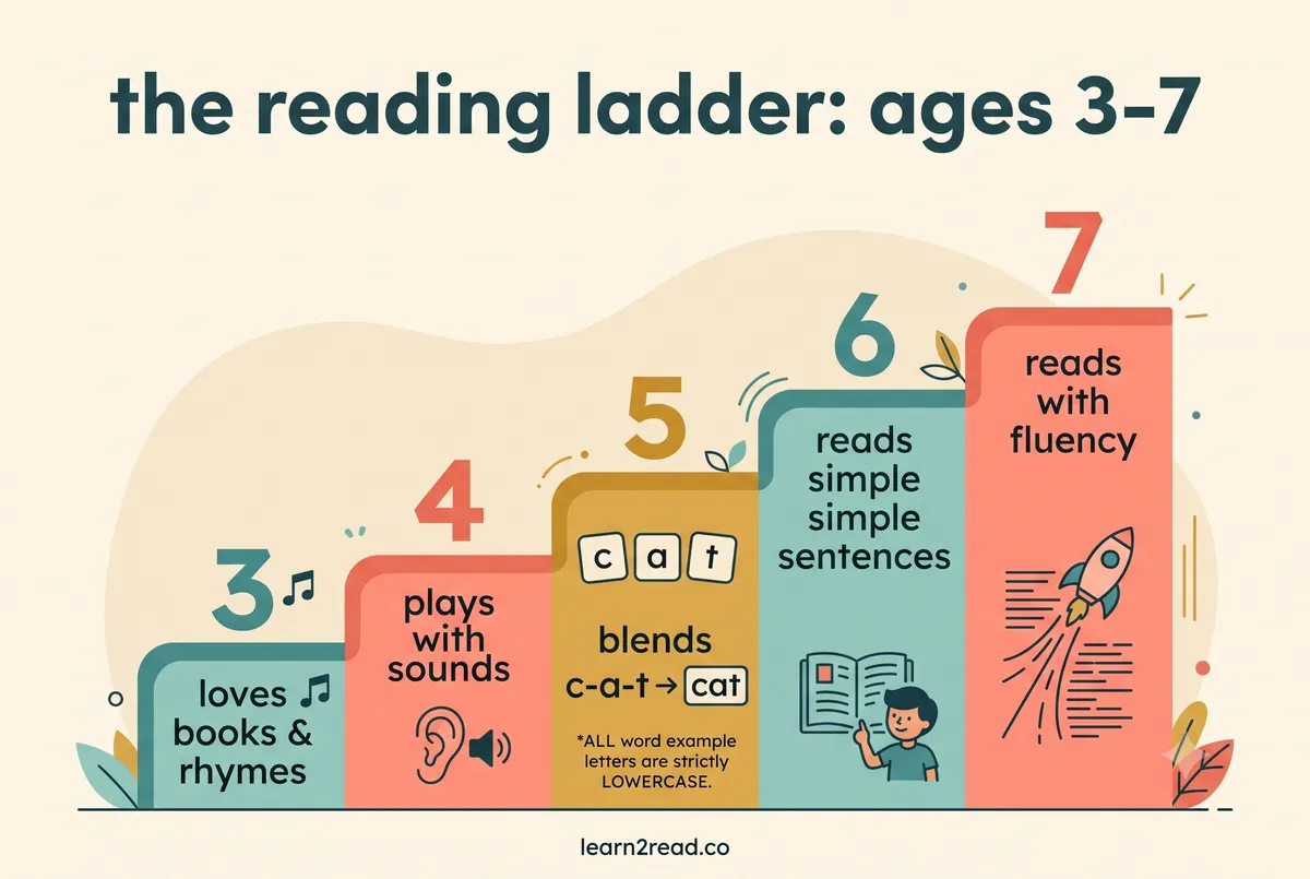 reading milestones by age infographic showing skills ladder from age 3 to age 7